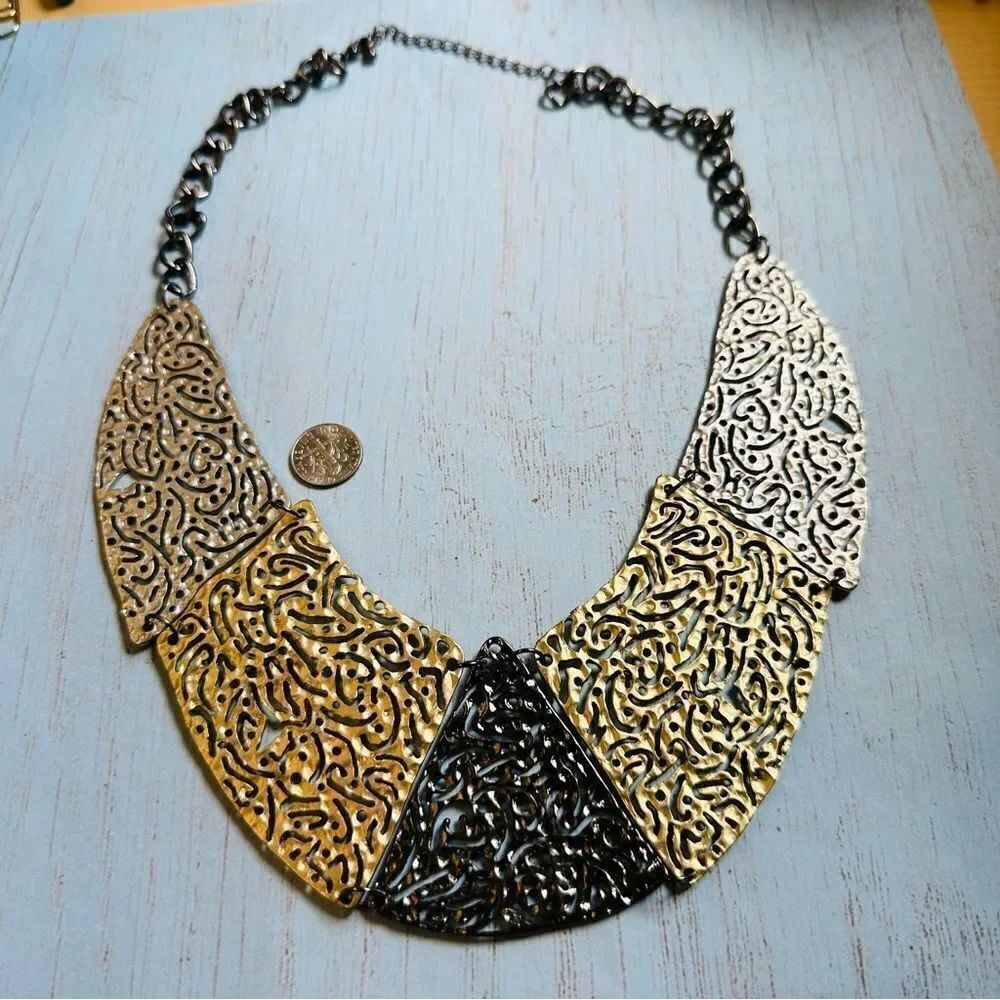 Gunmetal Silver Gold Panel Statement Necklace